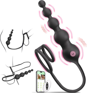LuvanaX - Anal Beads Couples Male Adult Sex Toys - Vibrating Anal Butt Plug with Cock Ring, Strap On Anal Dildo, Remote Control APP Prostate Massager Penis Ring Vibrator with 9 Vibrations