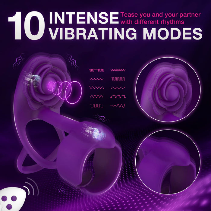 LuvanaX - 3 IN 1 Vibrating Rose Penis Ring with 10 Vibration